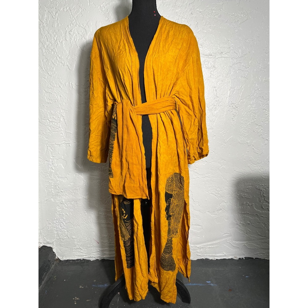 Bali Apparel Mustard Rayon African Portrait Belted Duster Kimono Boho